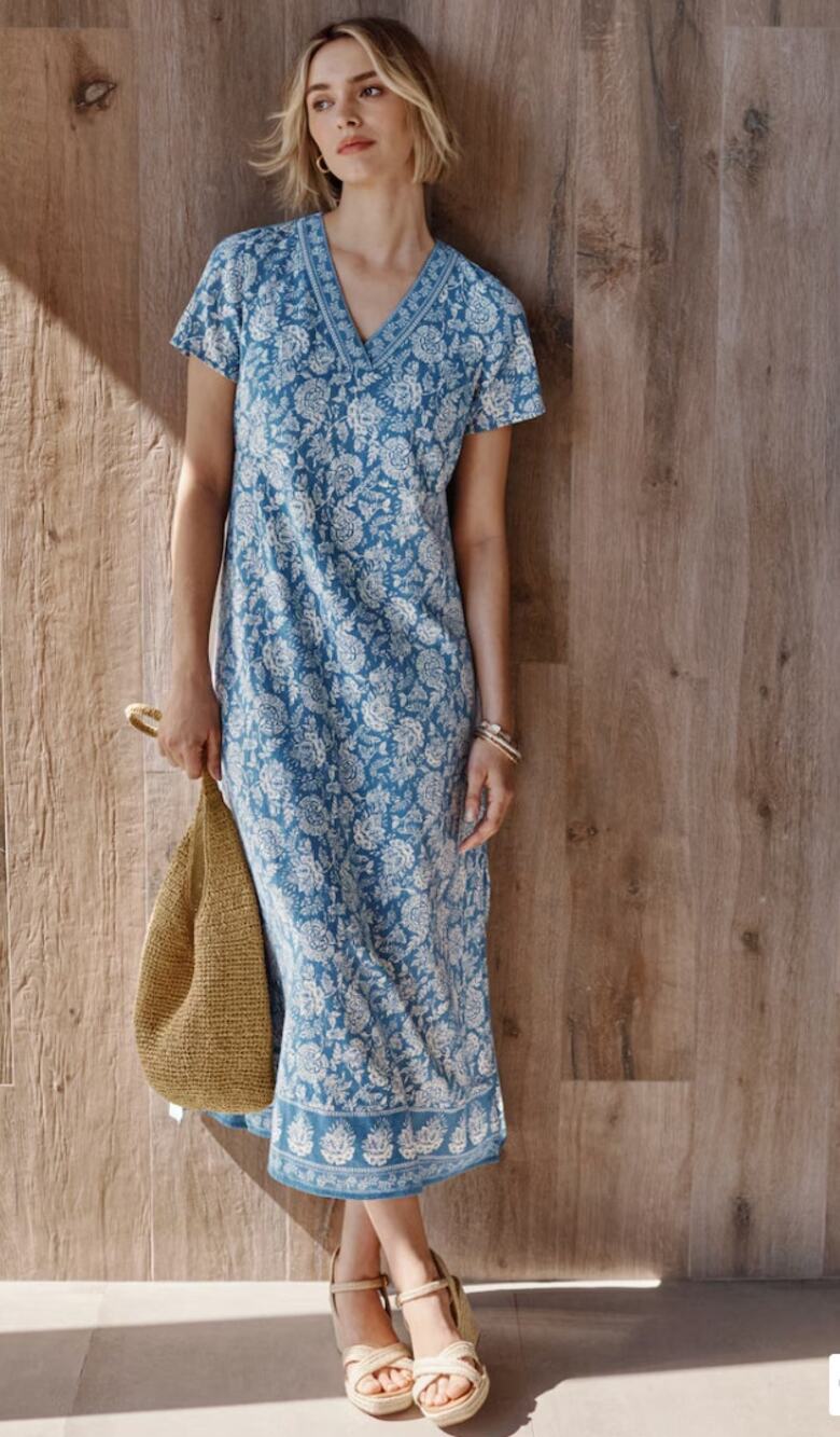 J. Jill Pure Jill Womens 2X Blue White Block-Printed Cotton Maxi Dress NWT